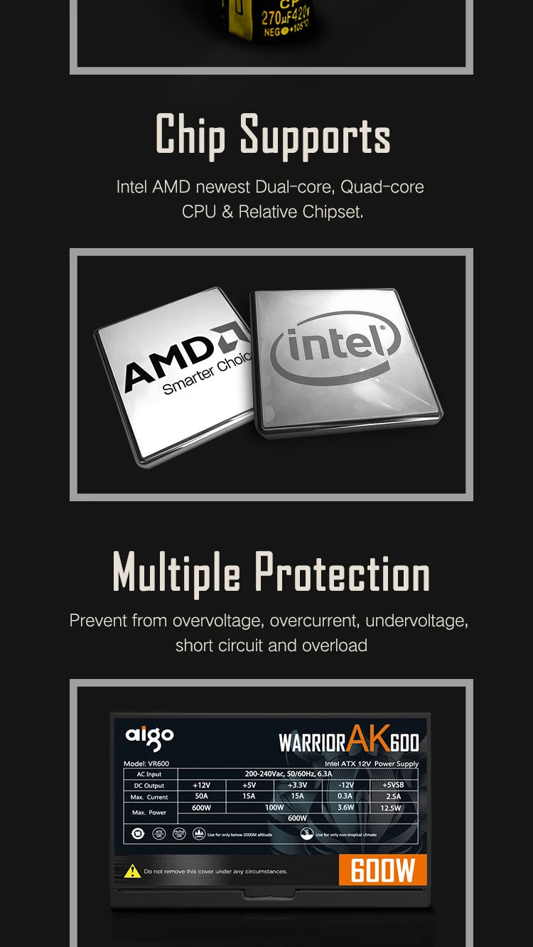 Aigo AK PC Power Supply Unit Gaming 500W-1000W 120mm RGB Fan ATX Desktop Computer PSU for BTC Mining - Non-Modular 20+4Pin