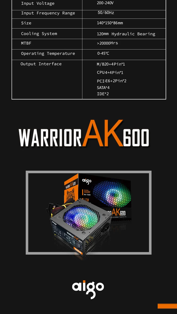 Aigo AK PC Power Supply Unit Gaming 500W-1000W 120mm RGB Fan ATX Desktop Computer PSU for BTC Mining - Non-Modular 20+4Pin