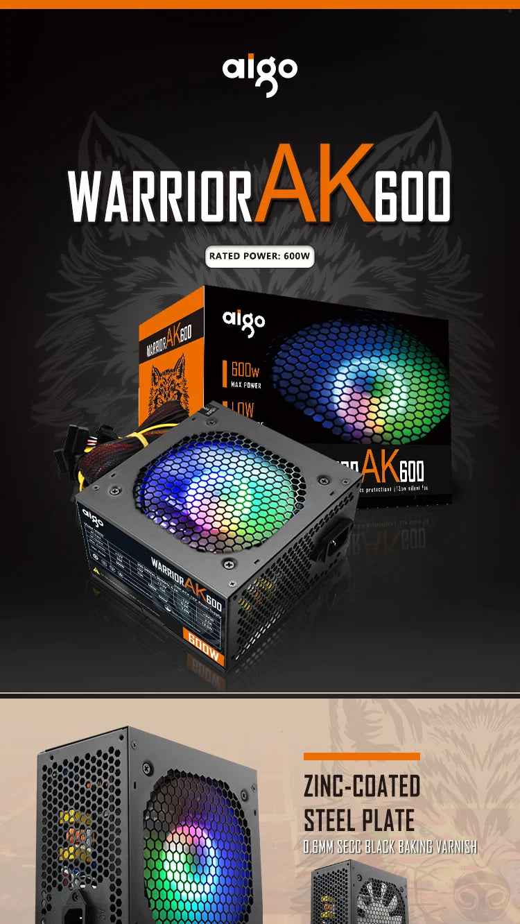 Aigo AK PC Power Supply Unit Gaming 500W-1000W 120mm RGB Fan ATX Desktop Computer PSU for BTC Mining - Non-Modular 20+4Pin