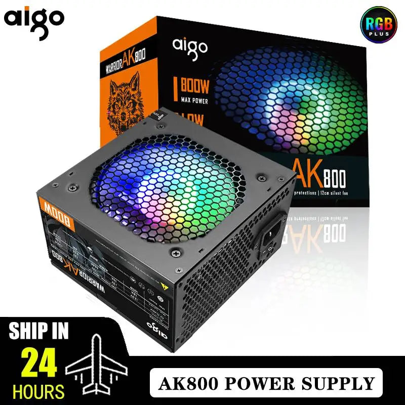 Aigo AK PC Power Supply Unit Gaming 500W-1000W 120mm RGB Fan ATX Desktop Computer PSU for BTC Mining - Non-Modular 20+4Pin