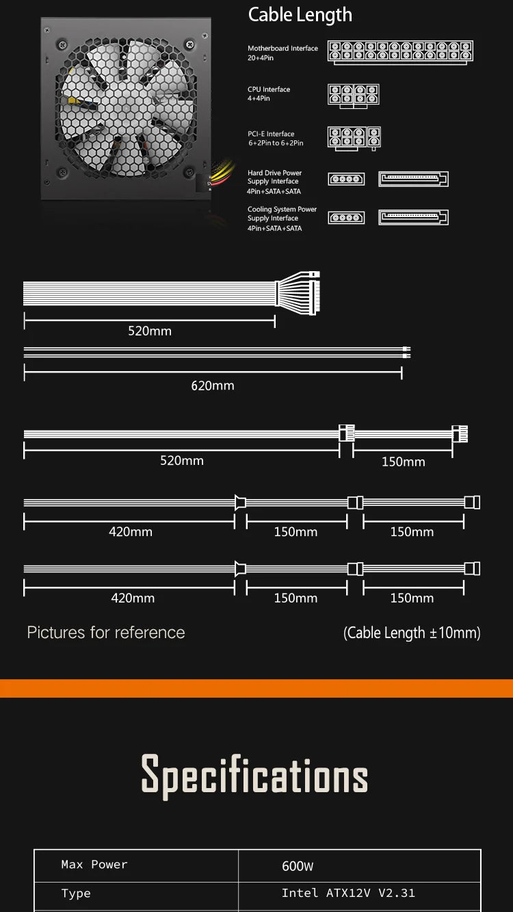 Aigo AK PC Power Supply Unit Gaming 500W-1000W 120mm RGB Fan ATX Desktop Computer PSU for BTC Mining - Non-Modular 20+4Pin