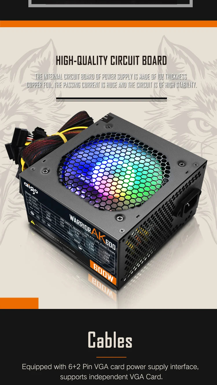 Aigo AK PC Power Supply Unit Gaming 500W-1000W 120mm RGB Fan ATX Desktop Computer PSU for BTC Mining - Non-Modular 20+4Pin