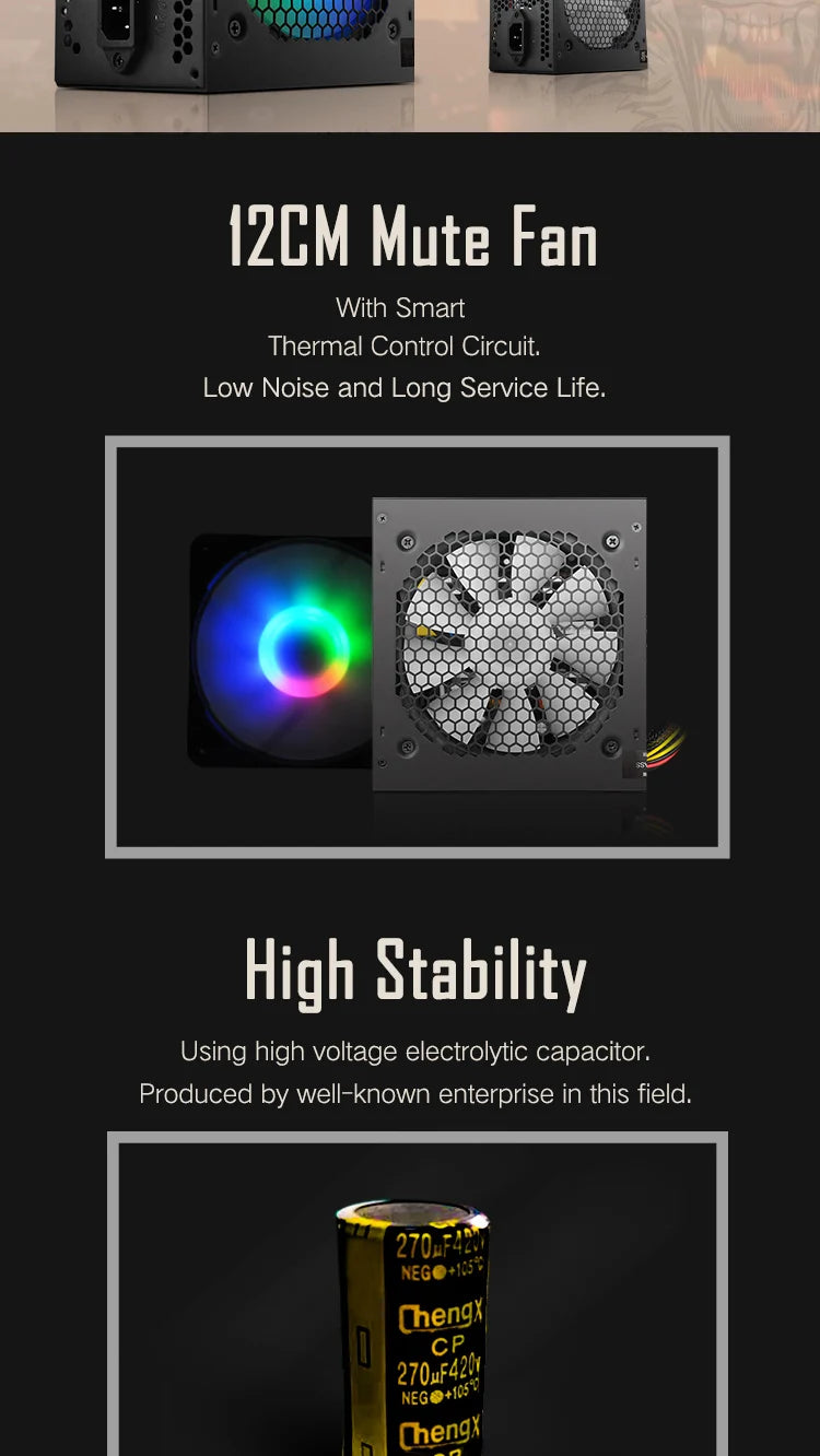 Aigo AK PC Power Supply Unit Gaming 500W-1000W 120mm RGB Fan ATX Desktop Computer PSU for BTC Mining - Non-Modular 20+4Pin